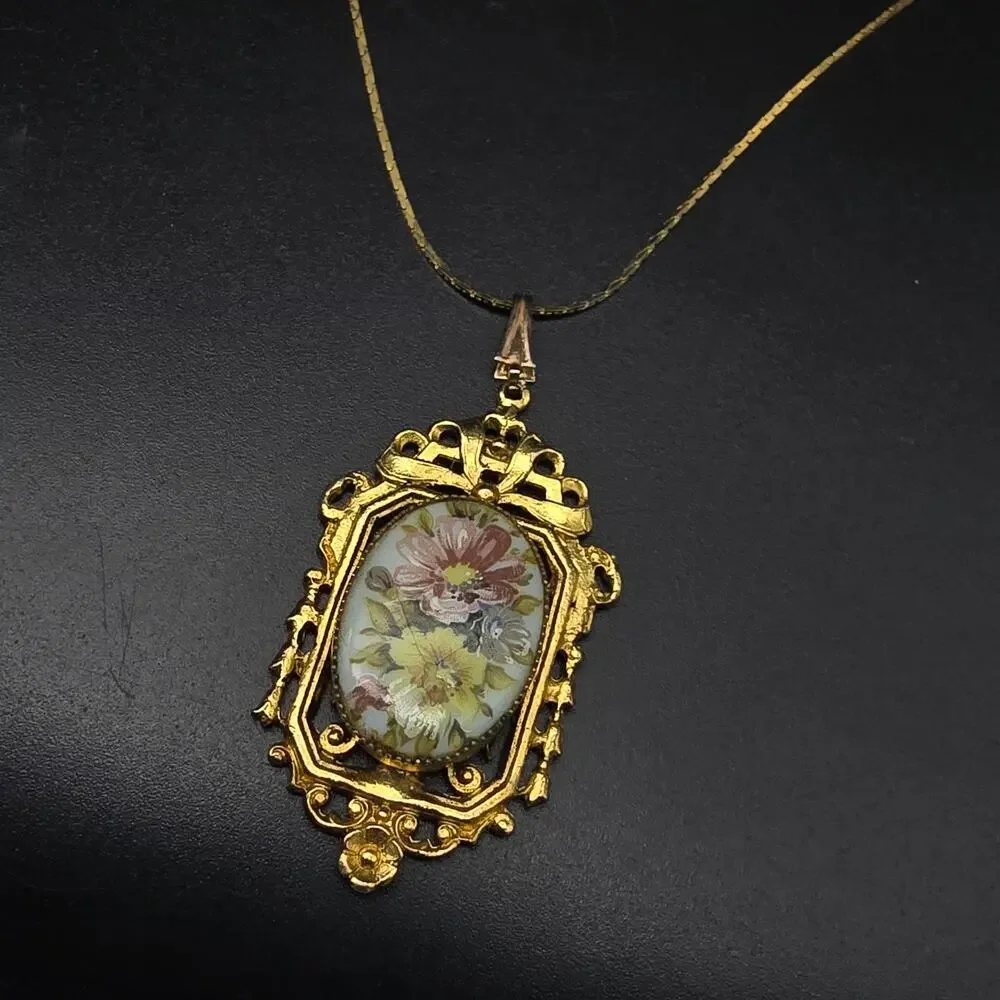 Vintage Floral Pendant Necklace Ornate Gold Tone Costume Jewelry